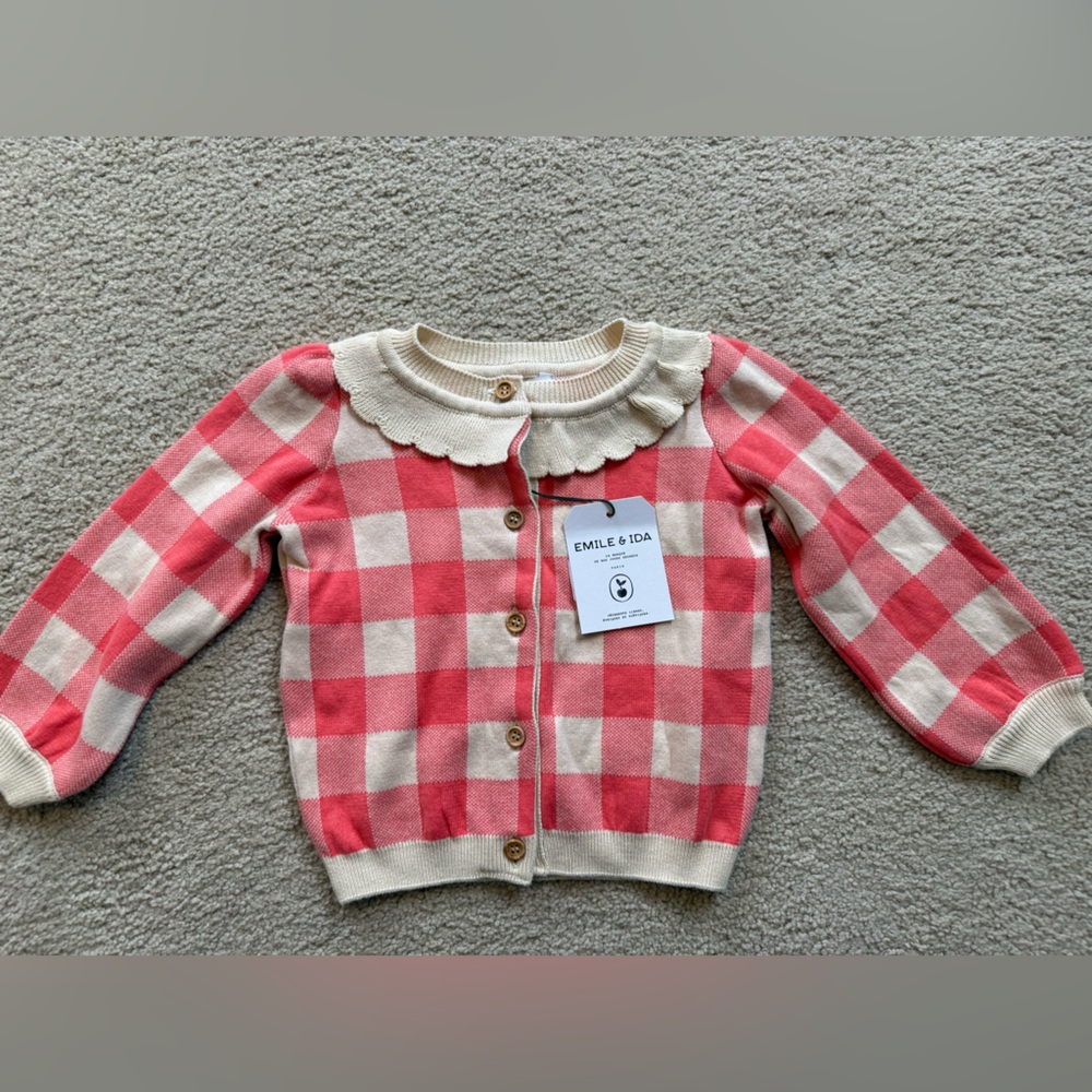 NWT Emile et Ida Gingham Cardigan 18-24M Pink Scallop Collar Knit